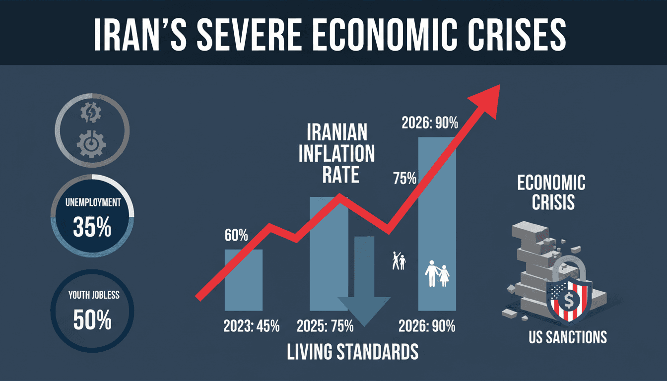Infographic showing Iran's inflation rate and socioeconomic challenges amid US sanctions.