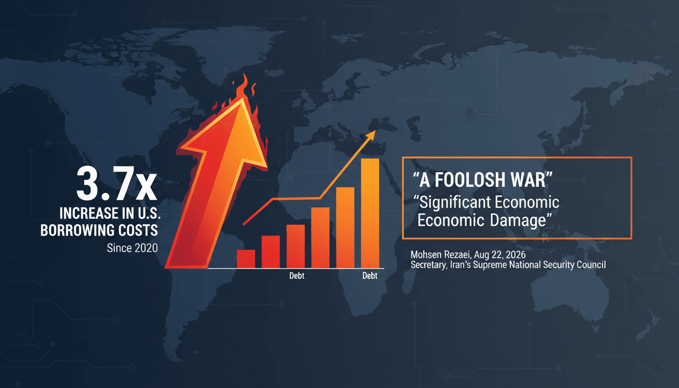Infographic showing the increase in U.S. borrowing costs and quotes from Mohsen Rezaei on economic policies.