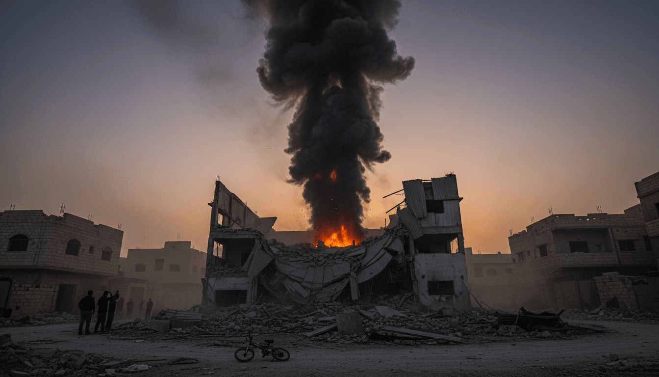 Smoke rising from a warehouse in Gaza after an Israeli airstrike, highlighting the ongoing conflict and humanitarian crisis.