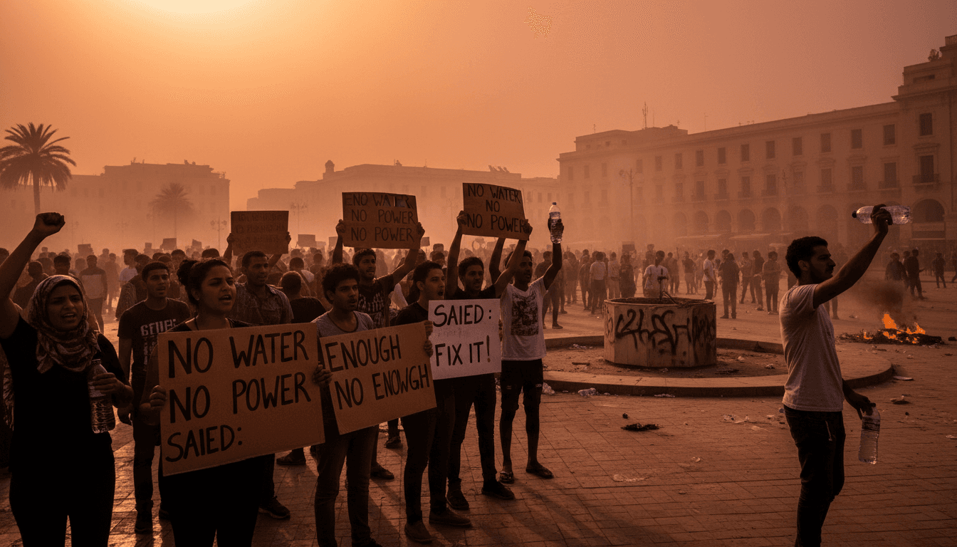 Protesters in Tunis demanding reliable access to water and electricity amid extreme heat.