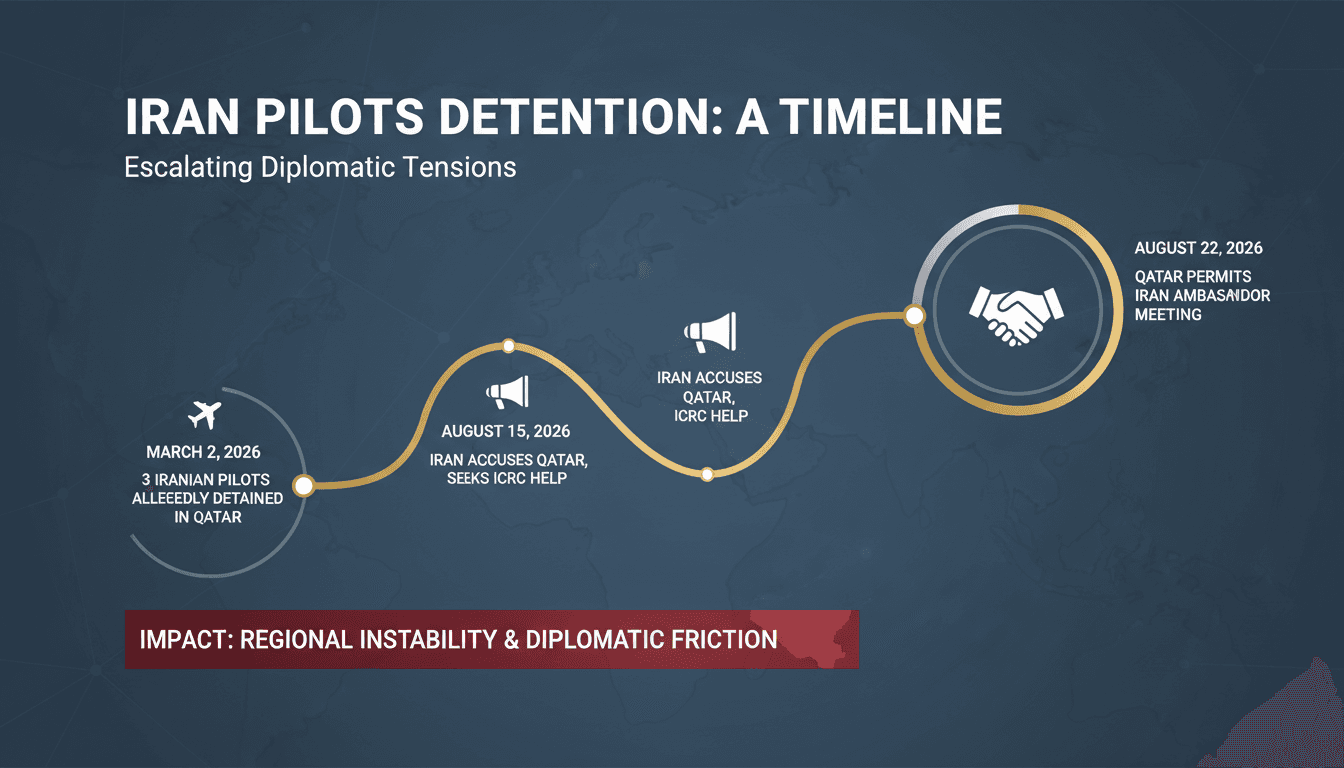 Infographic detailing the timeline of the Iranian pilots' alleged detention and diplomatic interactions with Qatar.