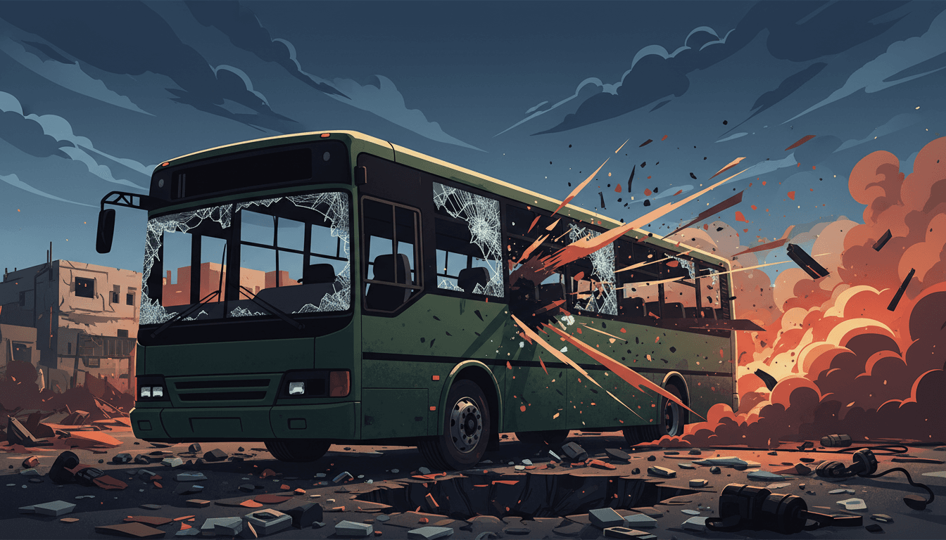 A damaged bus with shattered windows in rural Damascus, illustrating the impact of the explosive device attack on security forces.