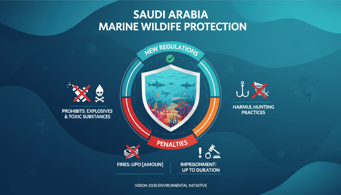 Infographic showing Saudi Arabia's new regulations on marine wildlife hunting and associated penalties.