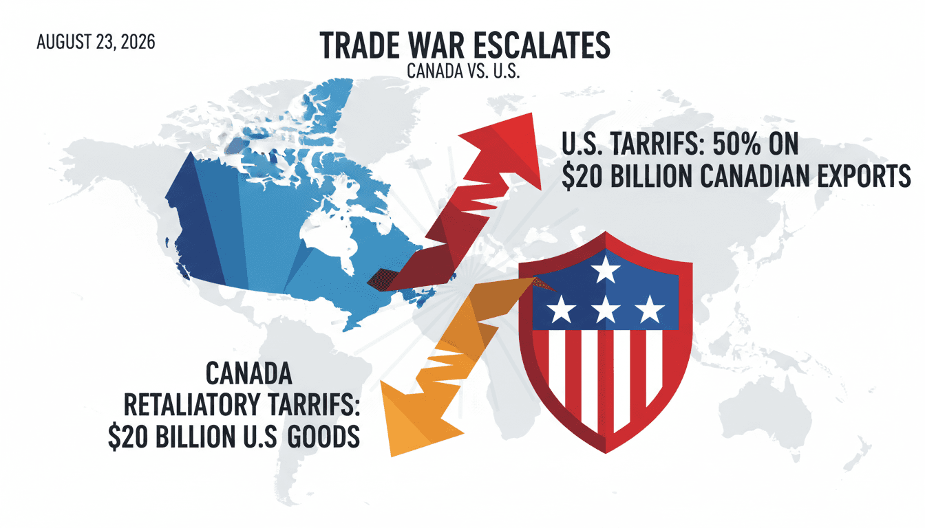 Infographic showing Canada-U.S. trade flow and the impact of new tariffs.