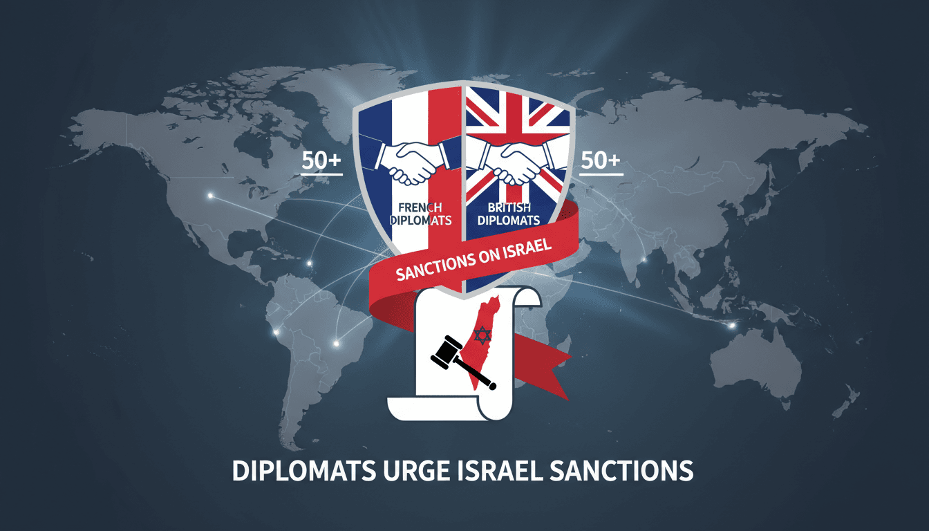 A graphic showing former diplomats urging sanctions on Israel, emphasizing international law enforcement.