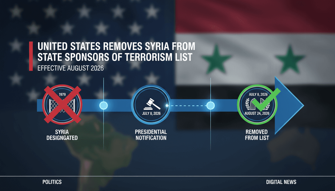 Infographic detailing the timeline of Syria's removal from the U.S. state sponsors of terrorism list.