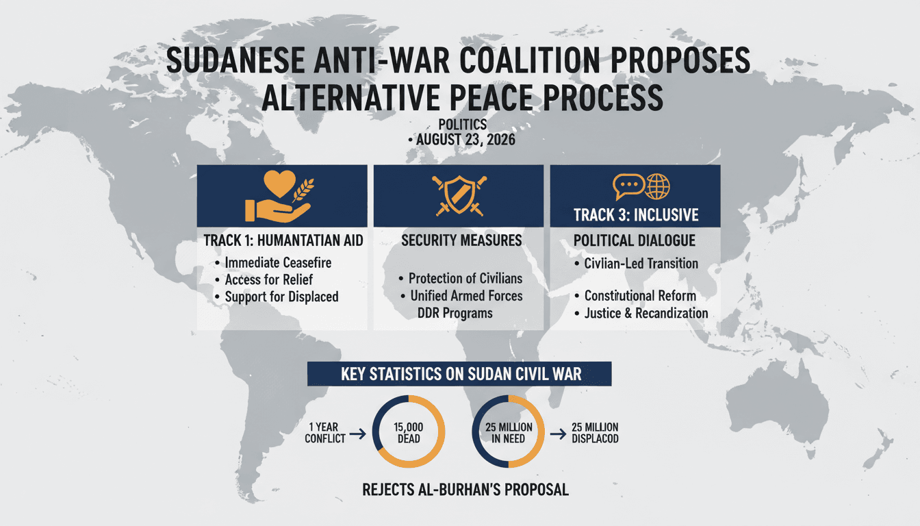 Infographic showing Sudanese anti-war coalition's peace proposal and key statistics on the civil war.