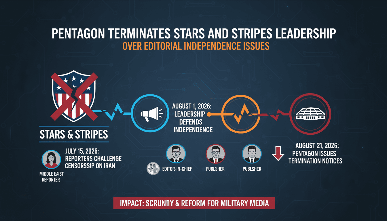 Infographic showing the timeline of Pentagon dismissals at Stars and Stripes, highlighting key figures and events.
