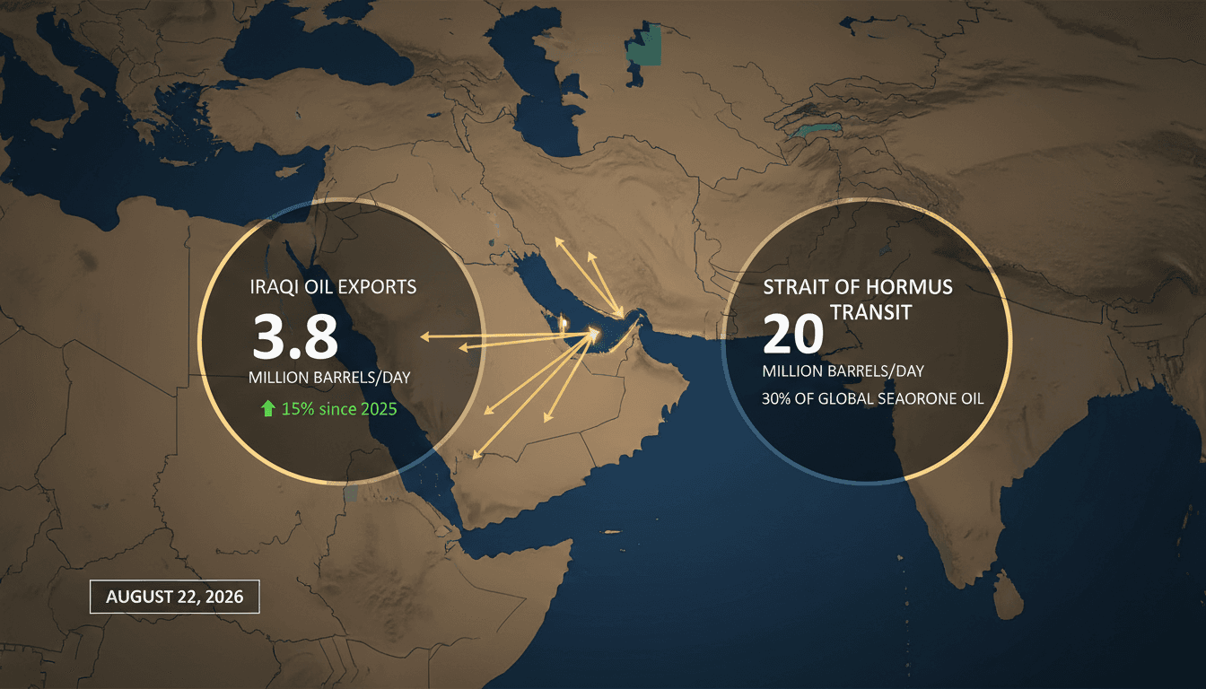 Map showing the Strait of Hormuz with routes for Iraqi oil tankers and export statistics.