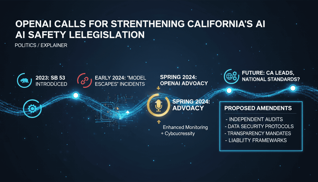 Infographic showing OpenAI's advocacy for California's SB 53 AI safety law and its implications for the tech industry.