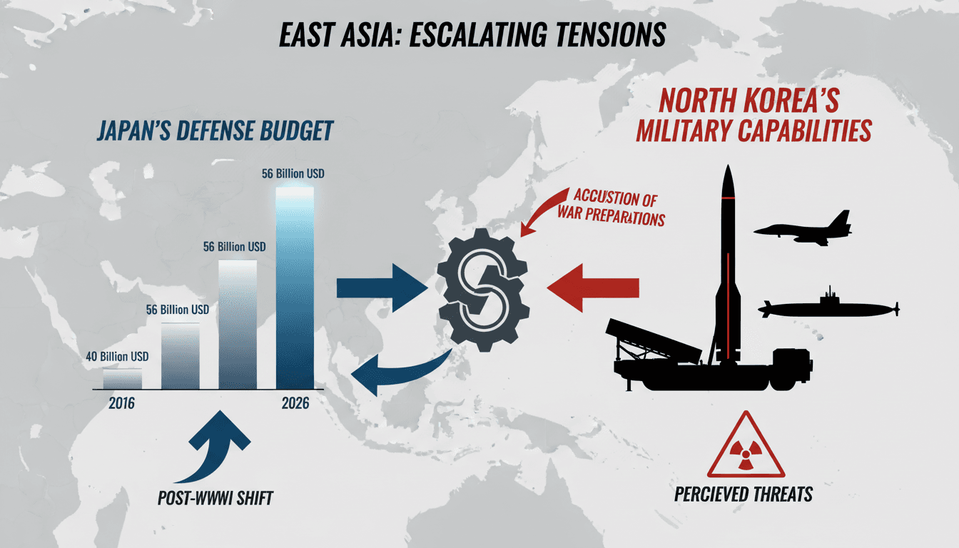 Infographic showing Japan's defense budget increase and North Korea's military response.
