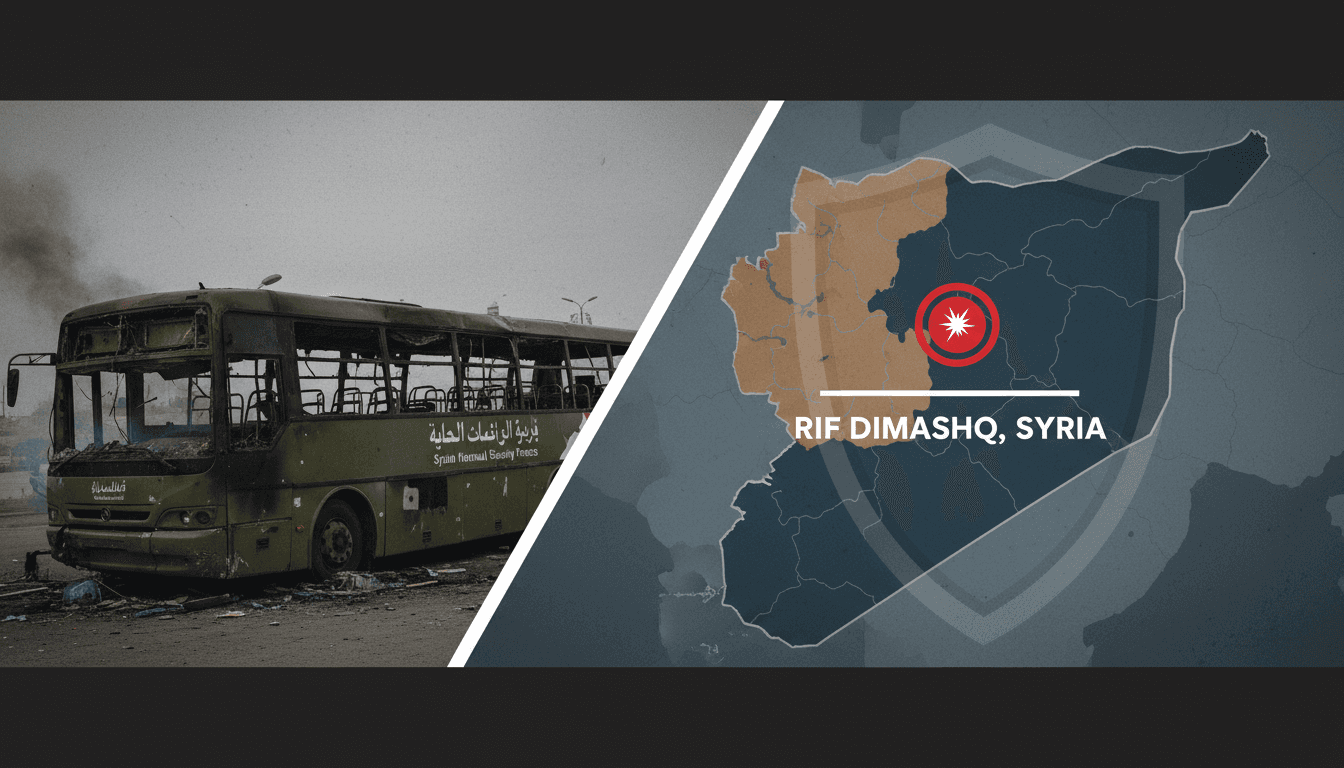 A damaged bus from the explosive device attack on Syrian Internal Security Forces in Rif Dimashq.