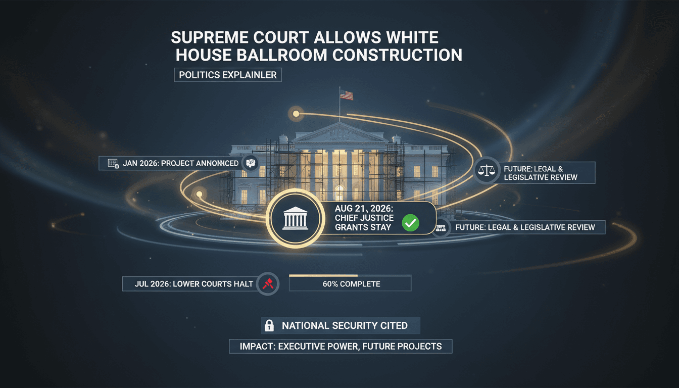 Infographic showing the timeline and legal milestones of the White House ballroom construction project.