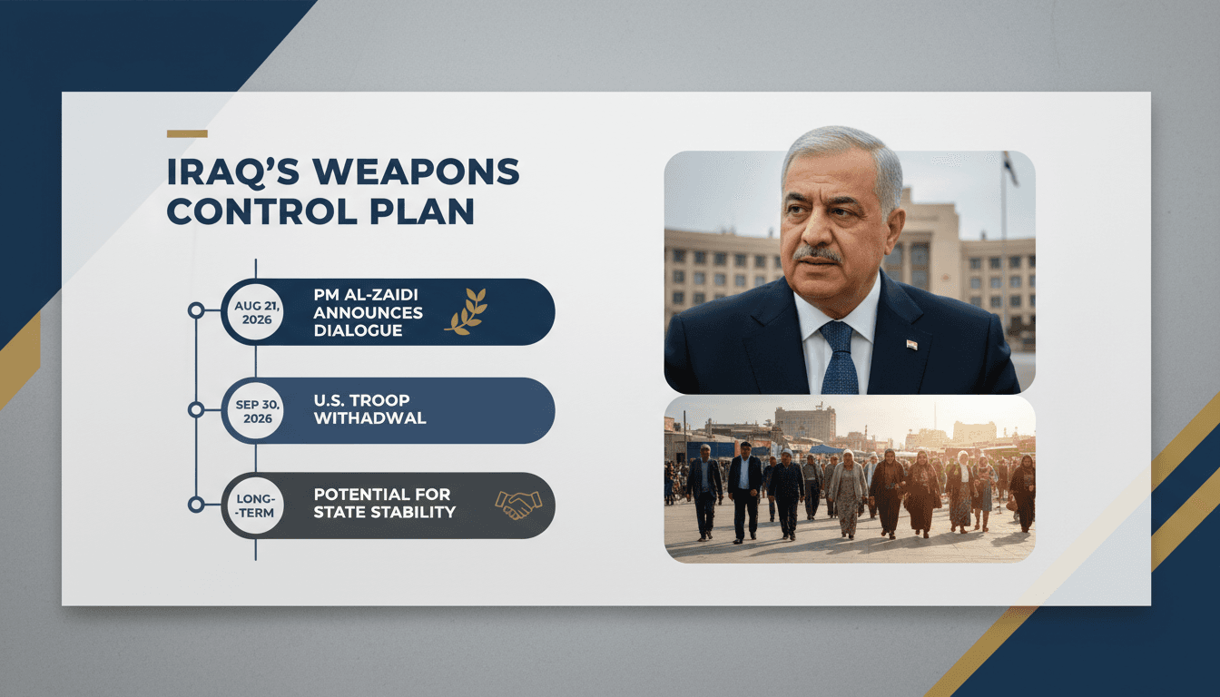 Iraqi Prime Minister Ali al-Zaidi addressing the media on weapons control and military strategy.