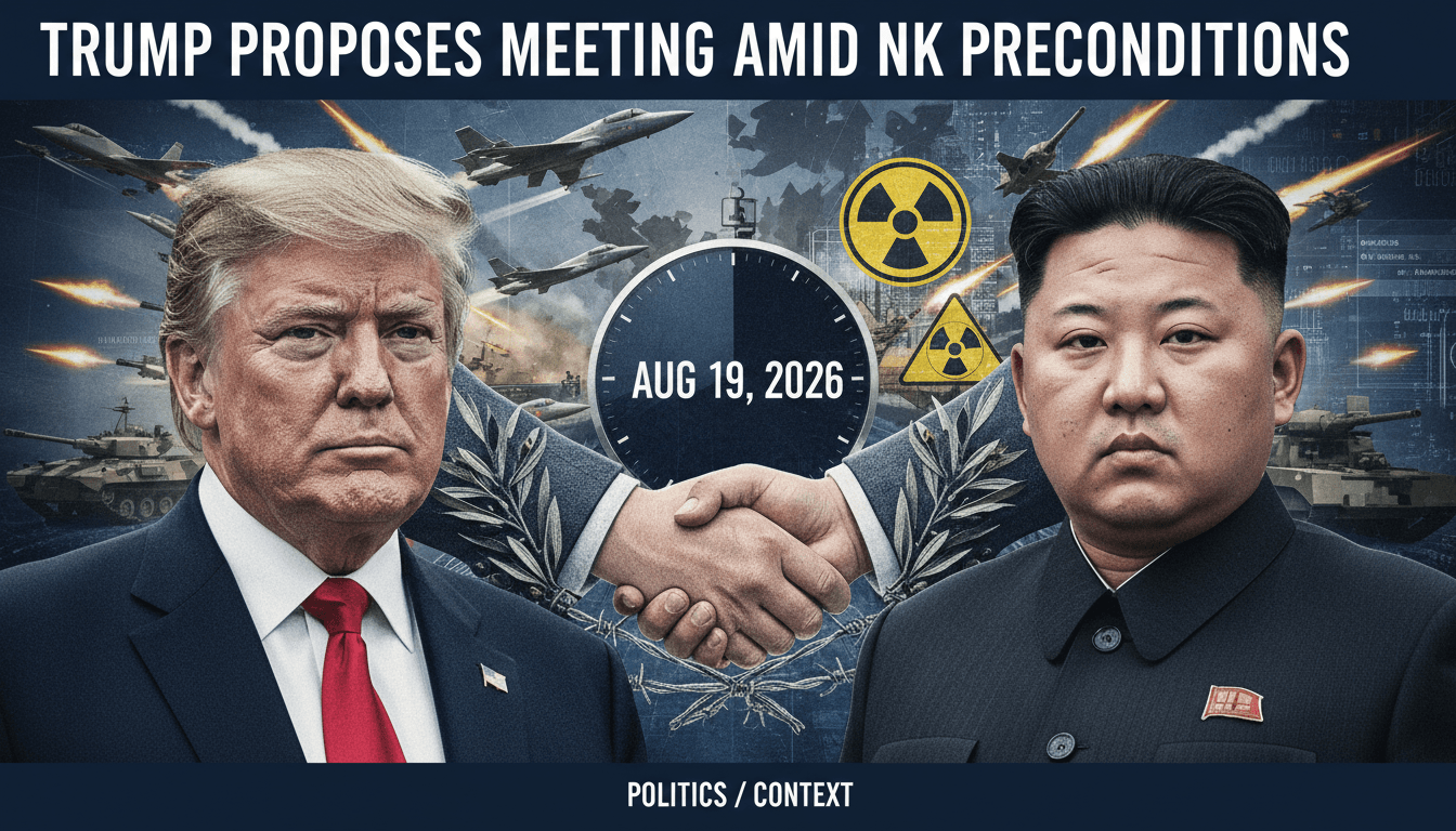 Trump and Kim Jong Un discussing potential diplomatic engagement against a backdrop of military exercises and nuclear symbols.