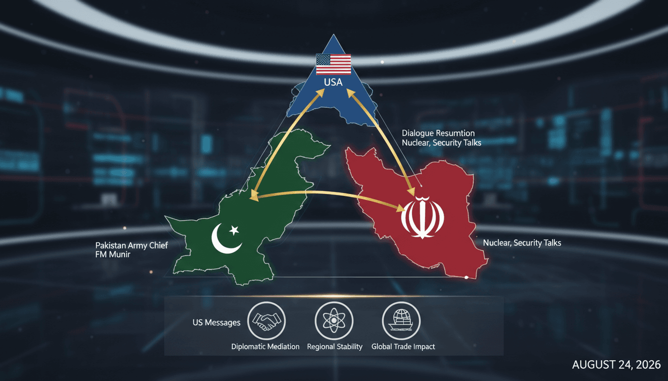 Infographic showing Pakistan Army Chief Asim Munir's Tehran visit and its implications for Iran-US relations and global trade.