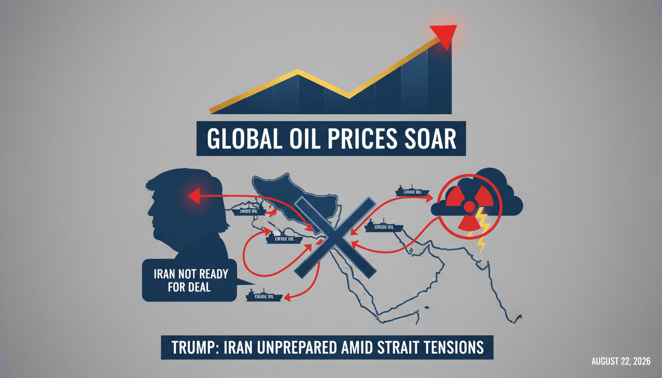 Infographic illustrating Trump's statements on Iran's nuclear deal and the impact on the Strait of Hormuz.