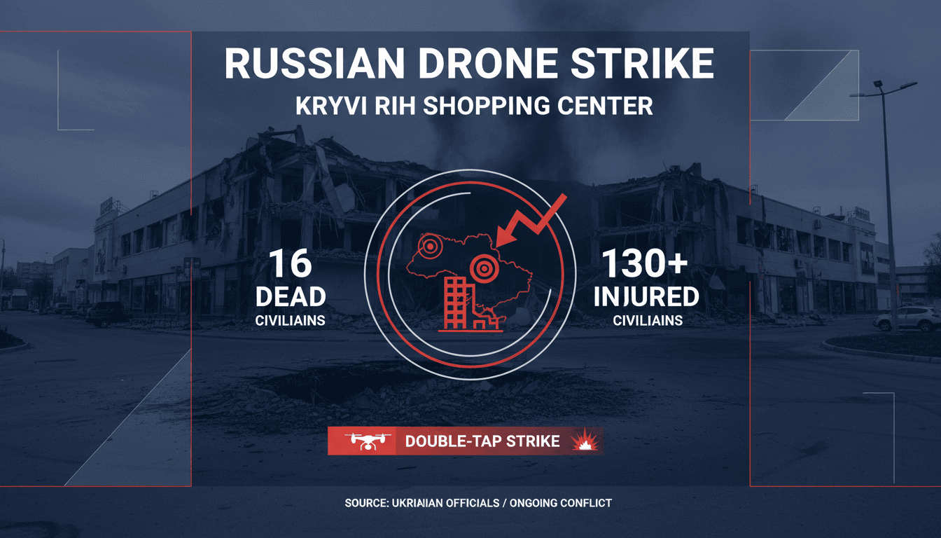 Infographic detailing the Russian drone strike in Kryvyi Rih, highlighting civilian casualties and the attack's location.