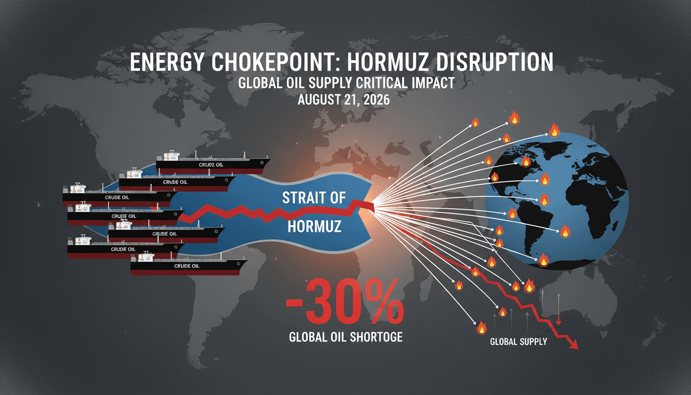 Infographic illustrating the impact of the Strait of Hormuz disruptions on global oil supply.