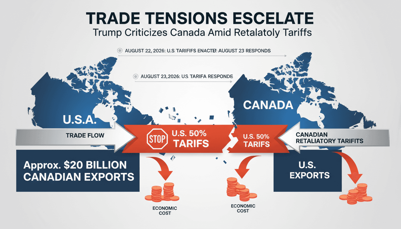 Infographic illustrating U.S.-Canada trade flow and $20 billion in tariffs.