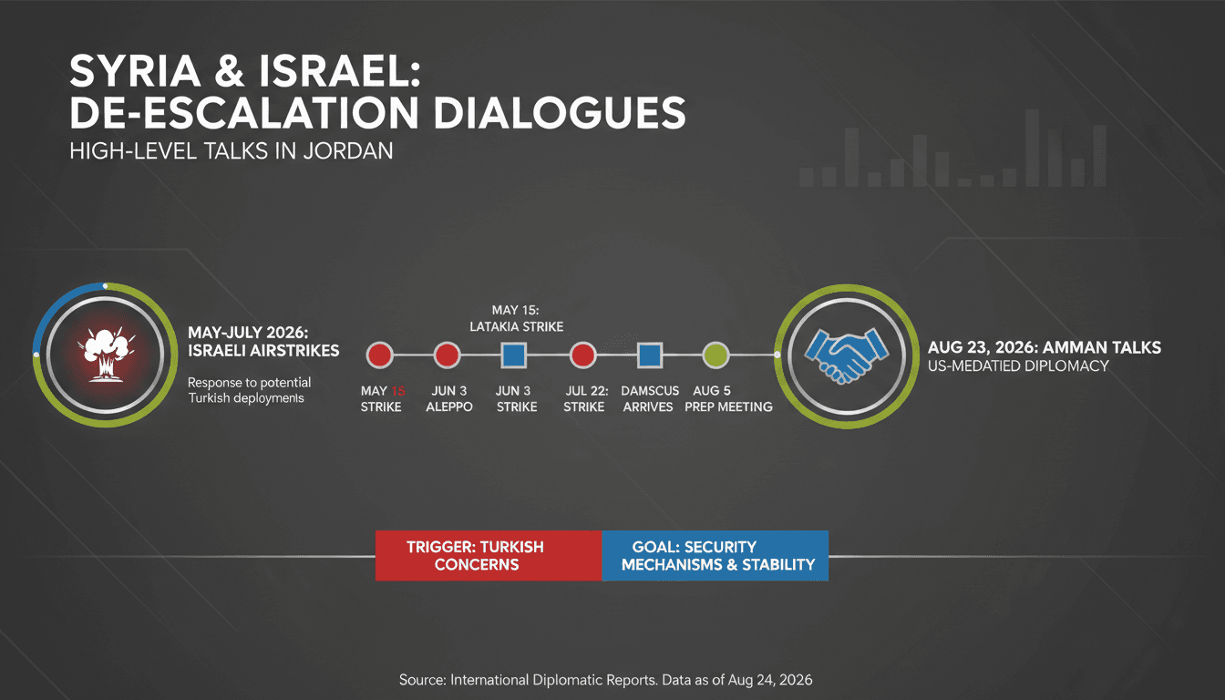 A map highlighting Syria and Israel with key dates and events related to recent diplomatic talks and military actions.