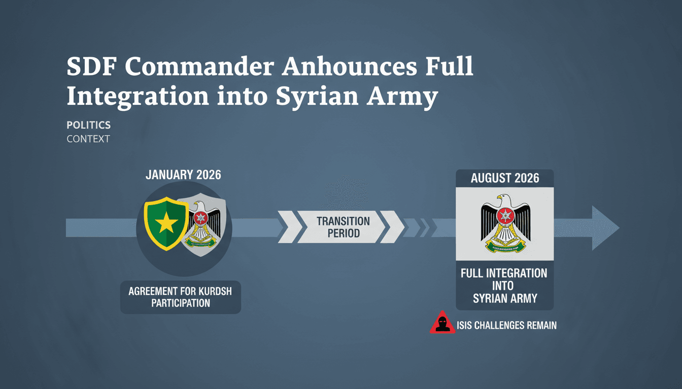 A timeline graphic showing the integration of SDF into the Syrian army by August 2026.