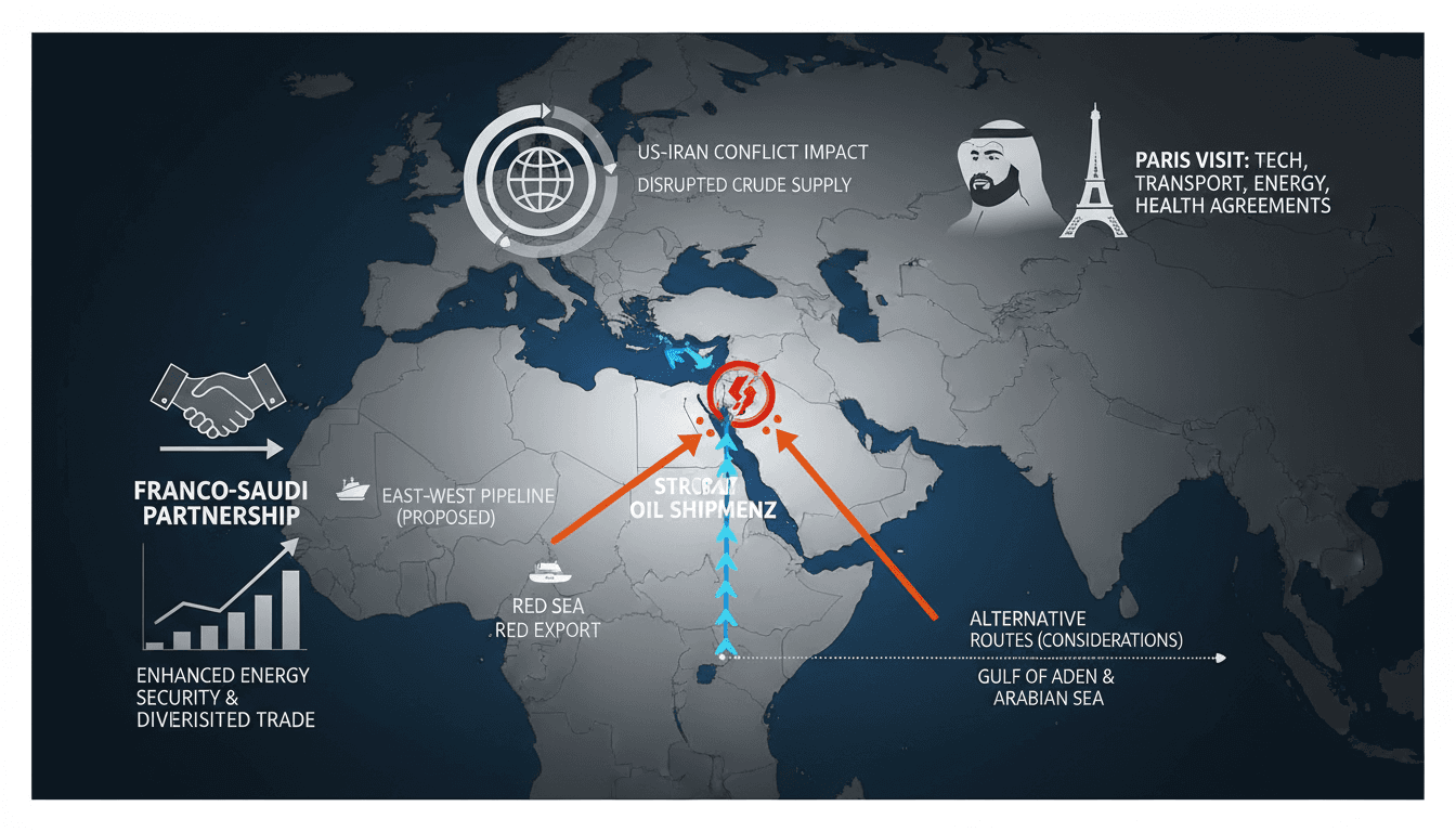 Saudi Crown Prince Mohammed bin Salman in Paris discussing energy security and alternative routes for oil supply.