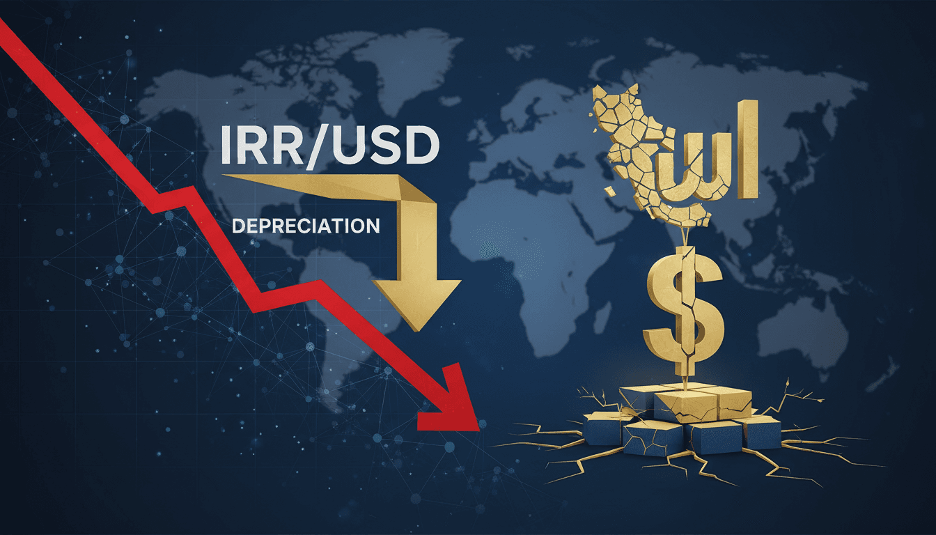 A graphic illustrating the Iranian rial's depreciation against the dollar, emphasizing economic instability in Iran.