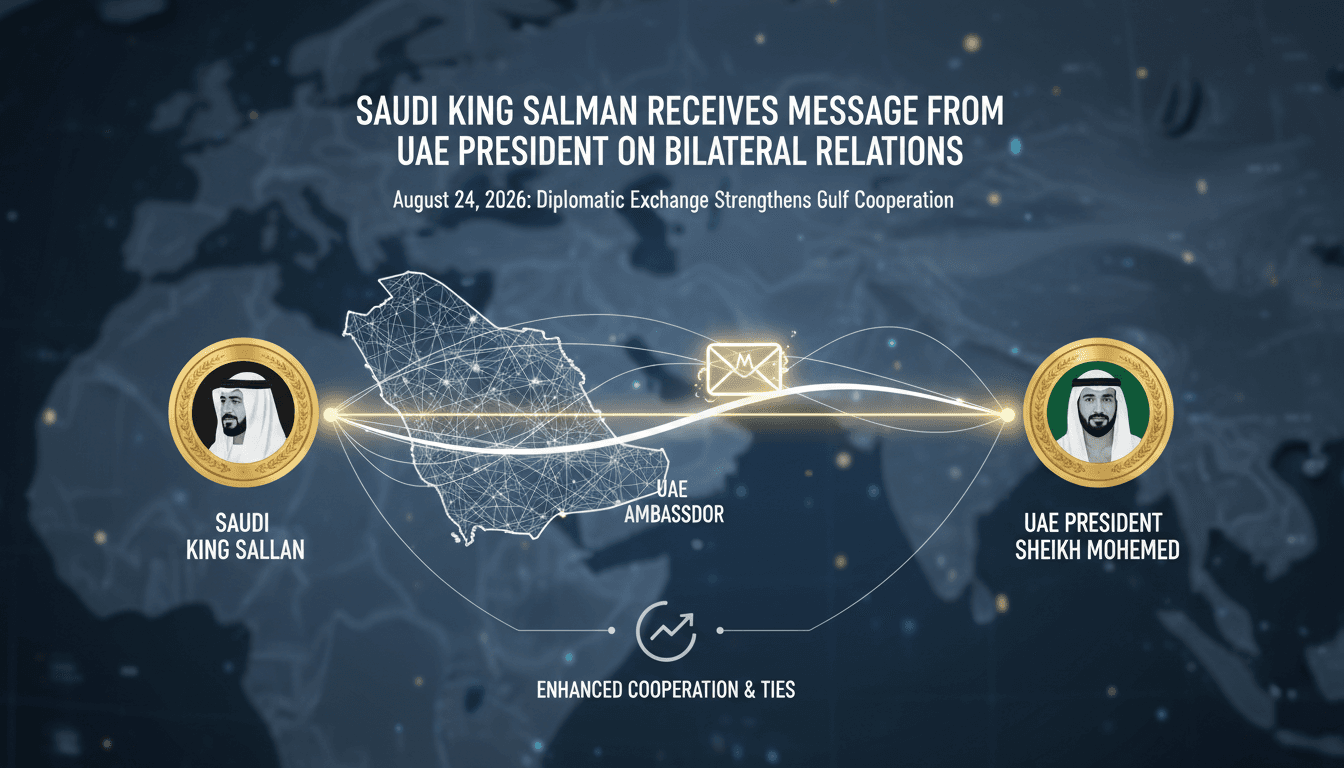 Infographic depicting the diplomatic message exchange between Saudi King Salman and UAE President Mohamed bin Zayed, emphasizing bilateral relations.
