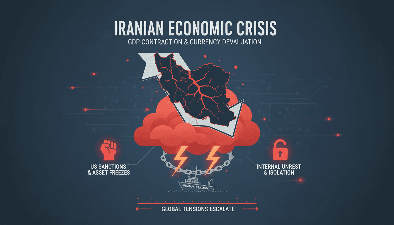 Infographic showing Iran's economic contraction and geopolitical tensions impacting global trade.
