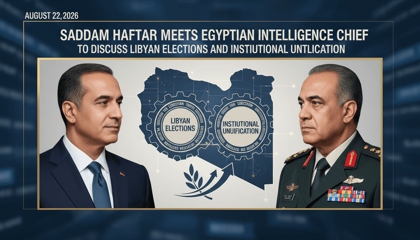 Meeting between Saddam Haftar and Egyptian intelligence chief discussing Libyan elections and stability.