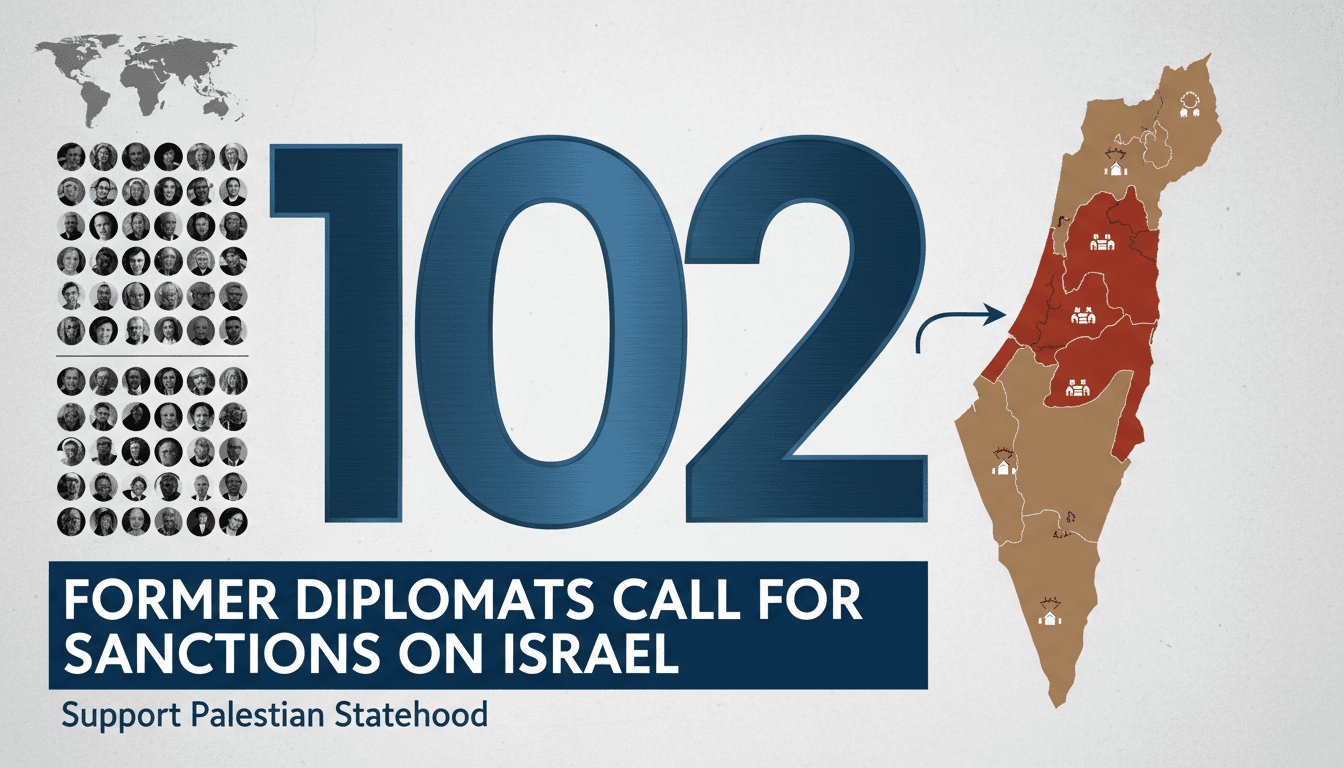 A graphic showing 102 former diplomats advocating for sanctions on Israel, highlighting the call for Palestinian statehood.