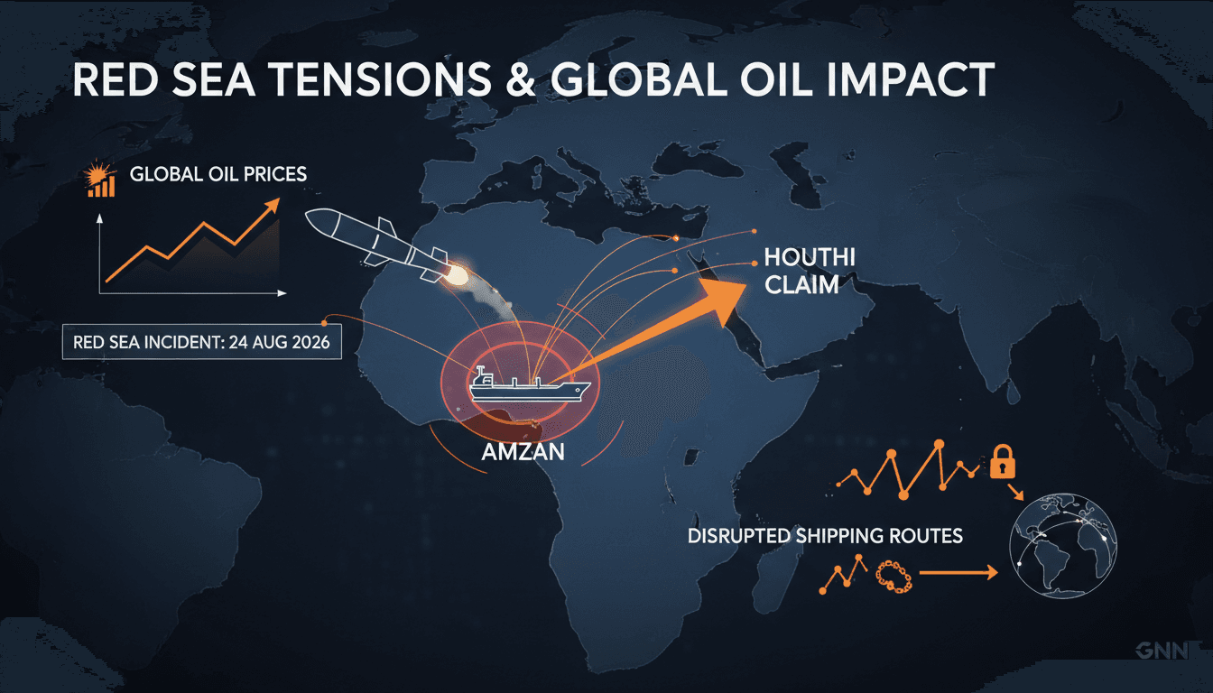 An infographic showing the Red Sea shipping routes and the impact of the Houthi missile strike on global oil prices.