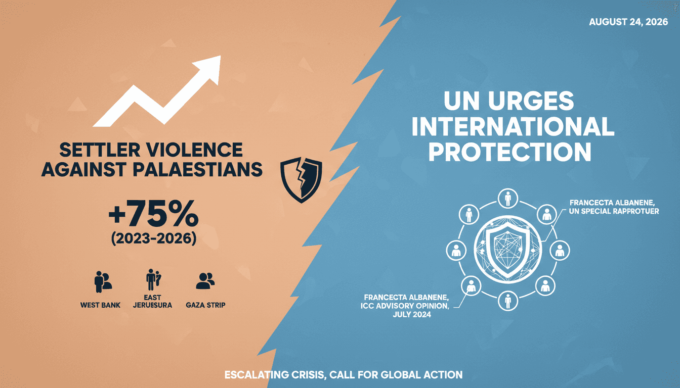 Infographic showing the rise in settler violence against Palestinians and the call for international protection forces.