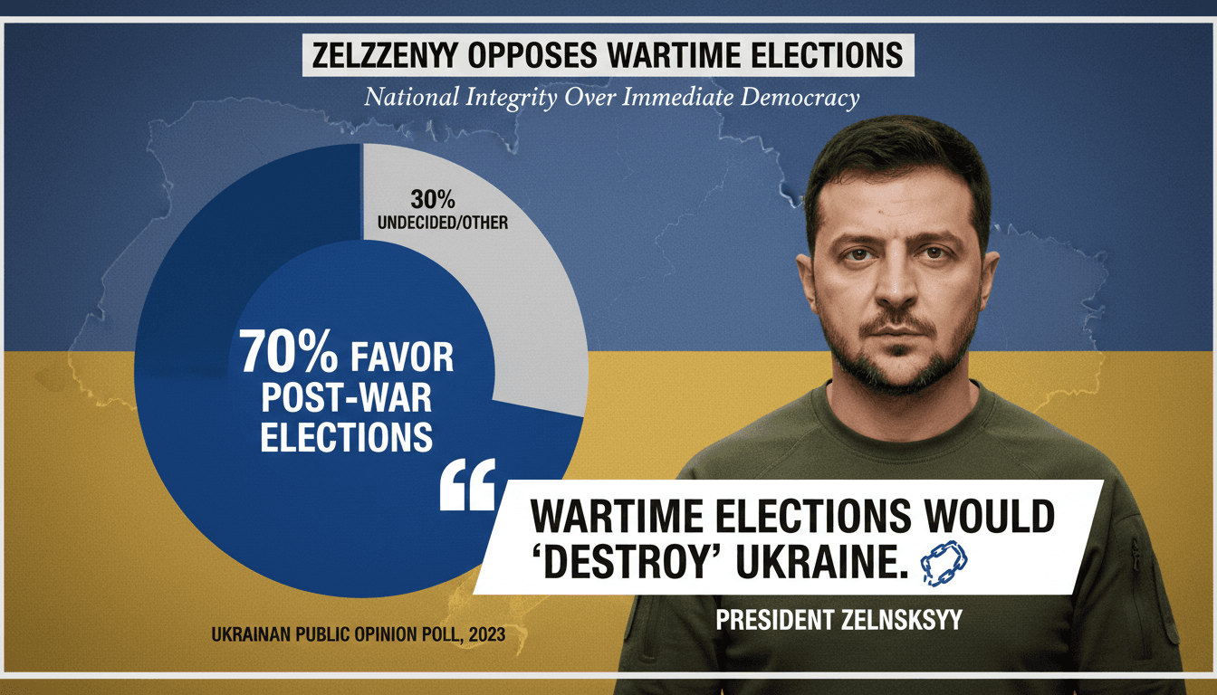 Infographic showing Zelensky's stance on wartime elections and public opinion in Ukraine.