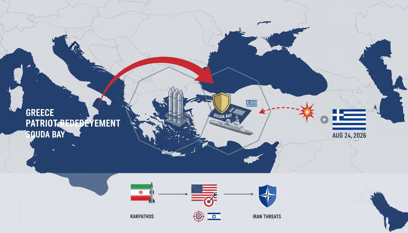 Map showing the redeployment of Greece's Patriot missile battery to Souda Bay, highlighting its strategic importance.