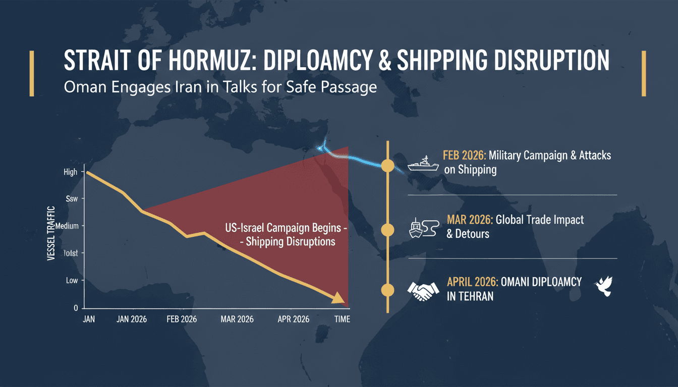 Infographic showing vessel traffic decline in the Strait of Hormuz and Oman's diplomatic initiatives.