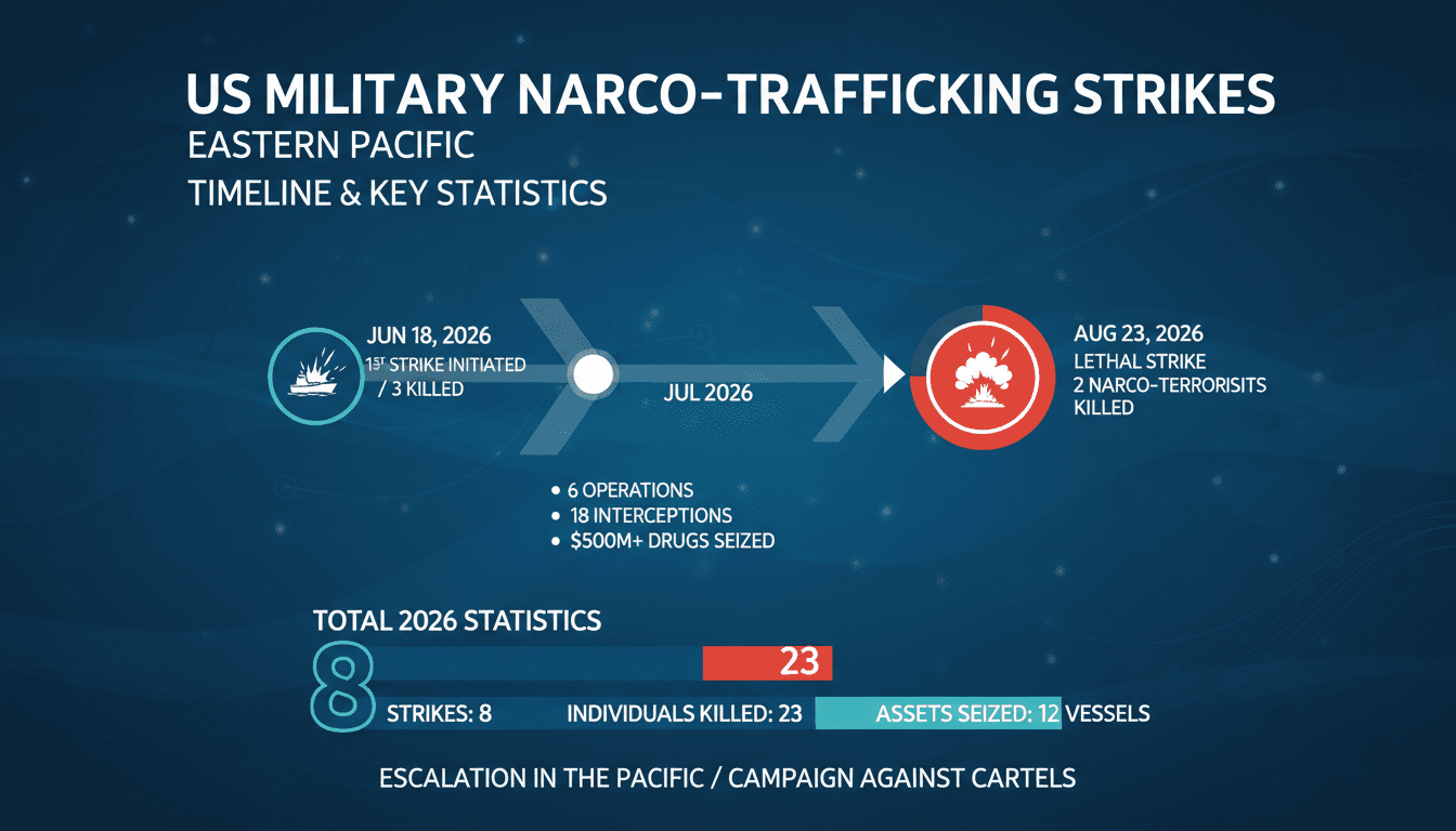 Infographic detailing U.S. military strikes against narco-traffickers, including statistics and timeline.