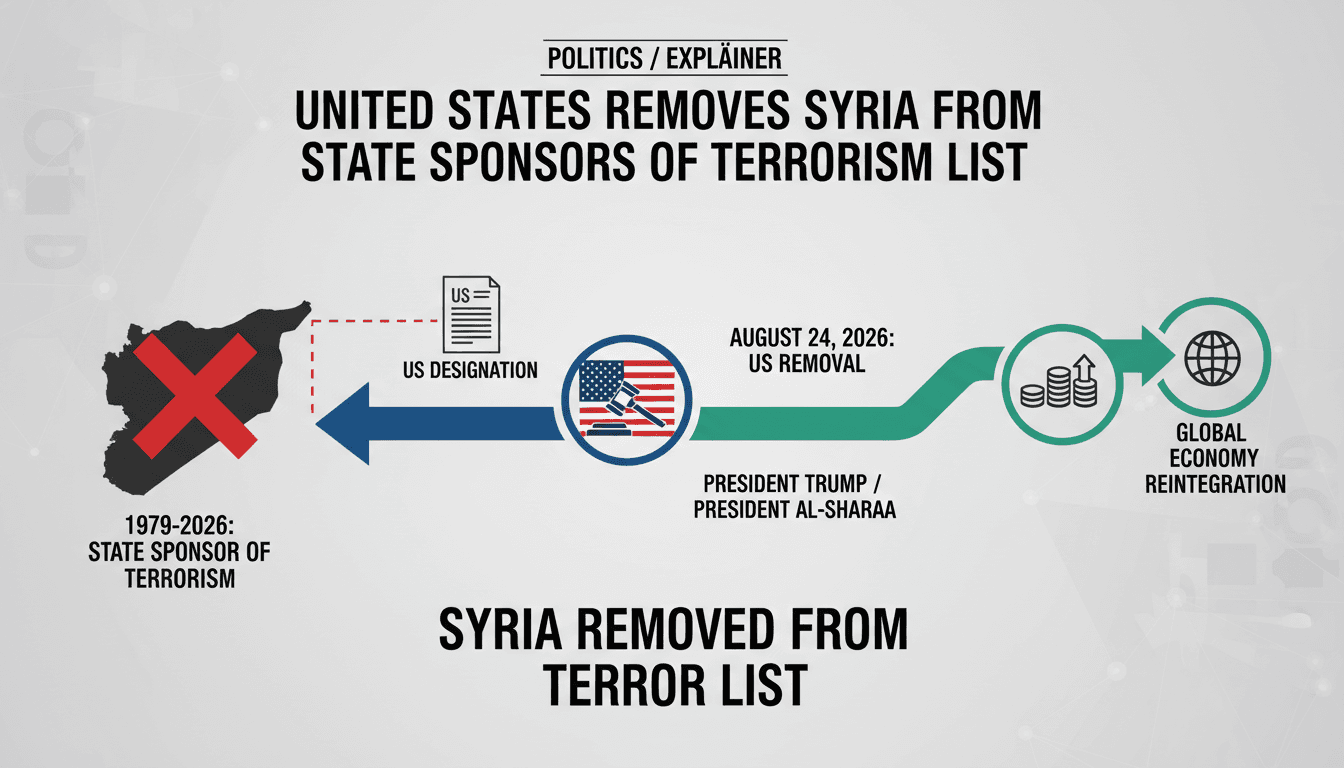 Infographic showing the timeline of Syria's terrorism designation and its implications for investment and regional stability.