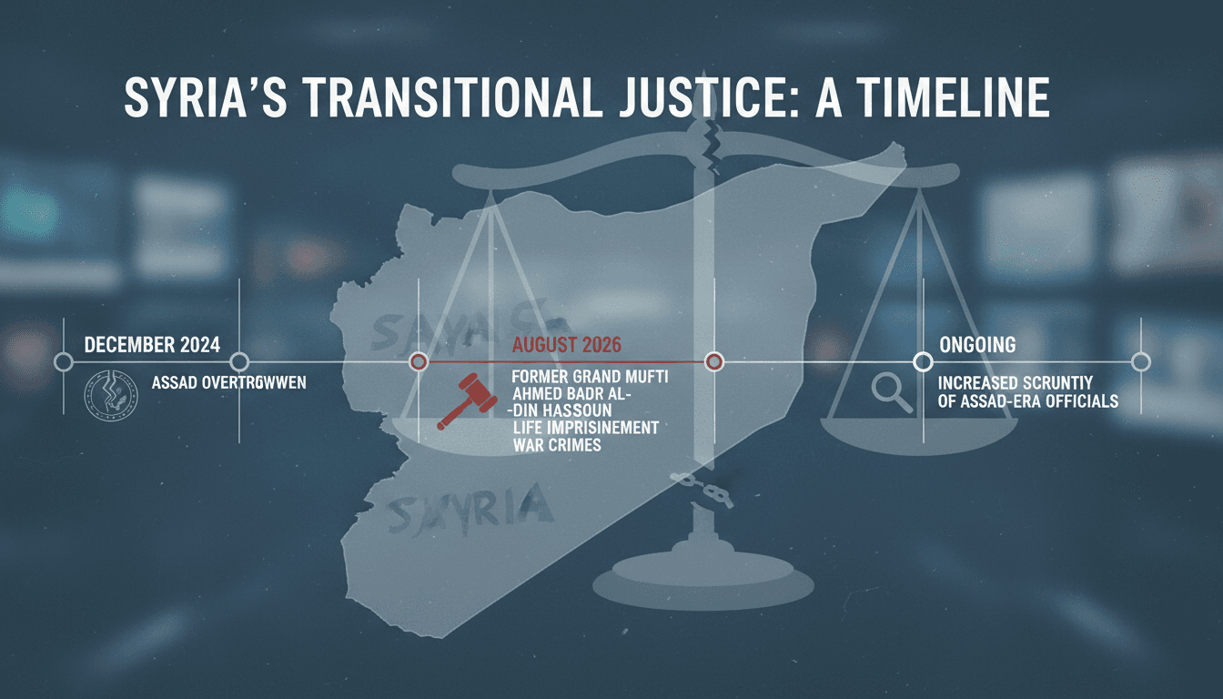A courtroom scene depicting the sentencing of Ahmed Hassoun, highlighting the theme of accountability in Syria.