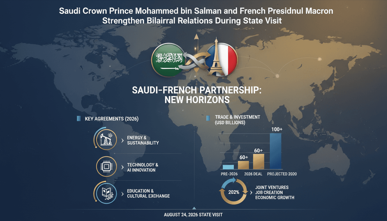 Infographic detailing the Saudi-French strategic partnership and key agreements made during the Crown Prince's visit.