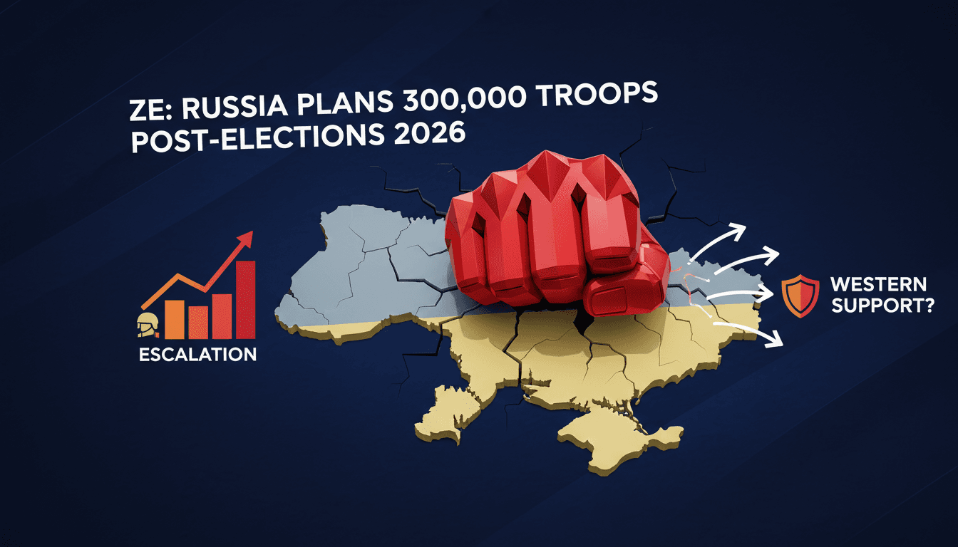 Infographic illustrating Zelensky's warning about 300,000 new Russian troops and its implications for the Ukraine conflict.
