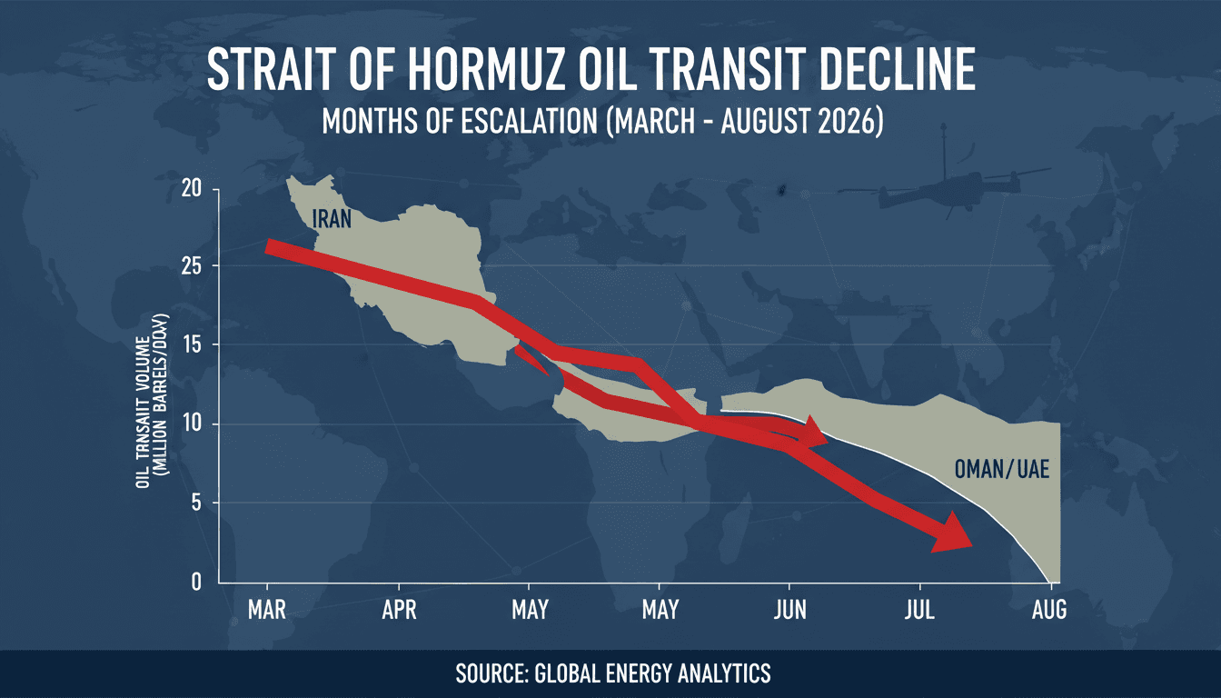 Infographic showing the decline in oil transit volumes through the Strait of Hormuz due to recent conflicts.