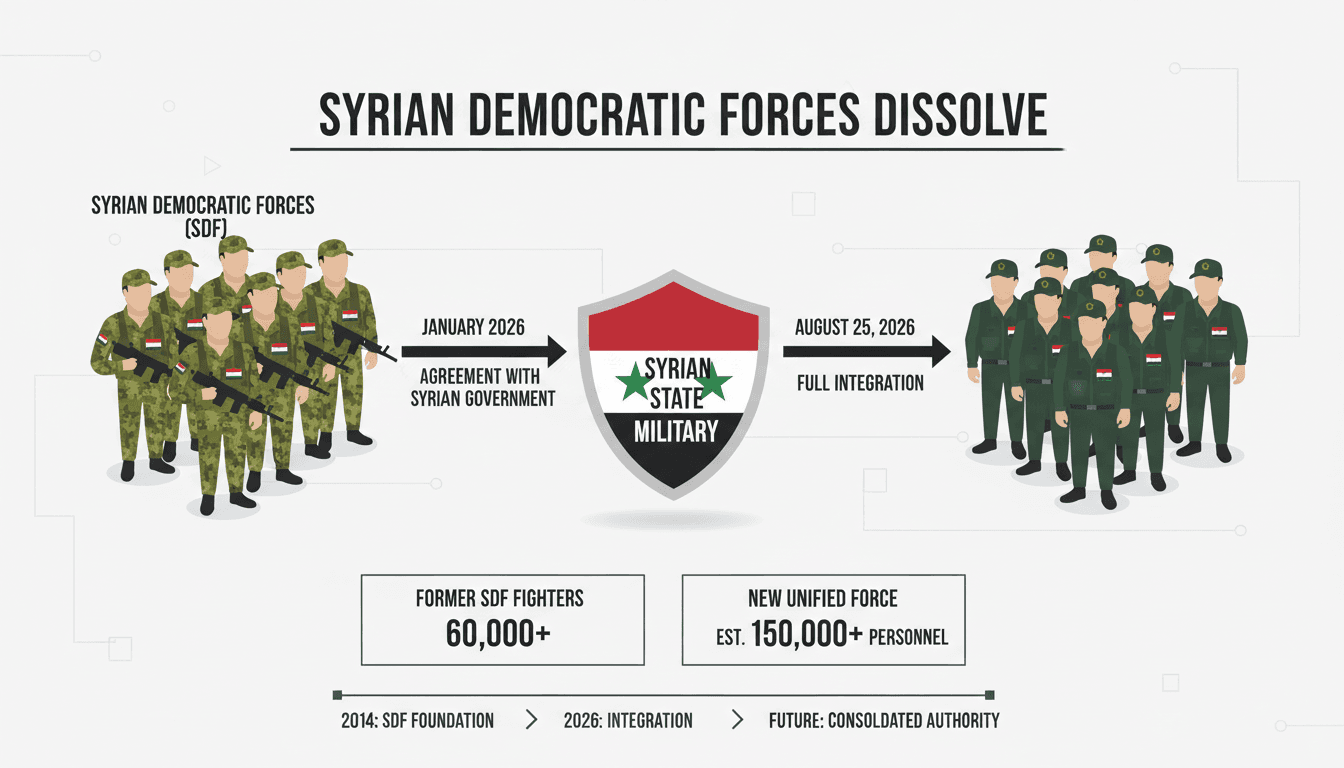 Infographic showing the integration of Syrian Democratic Forces into state military, highlighting key statistics and timelines.