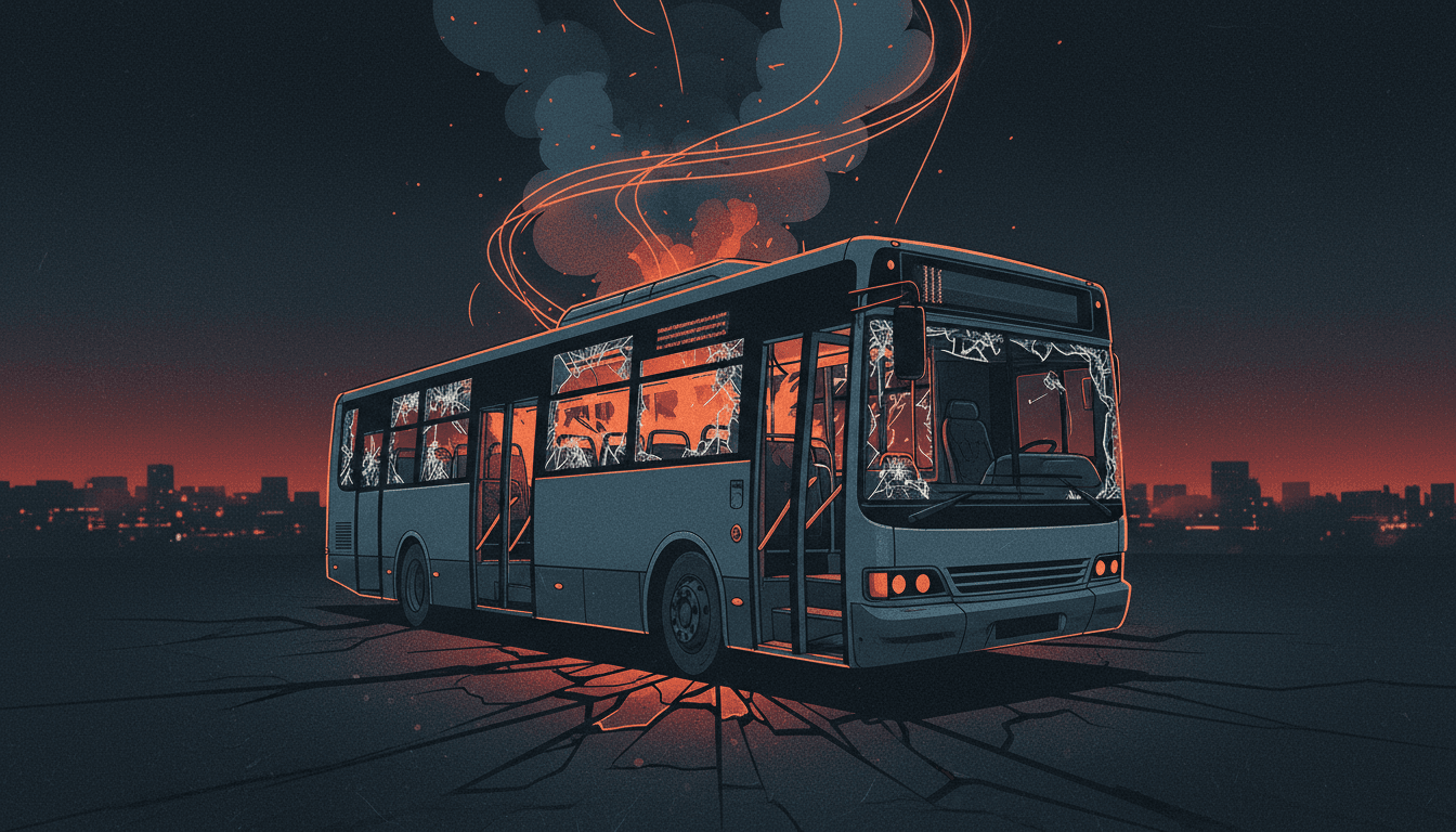 A damaged bus from the explosive device attack on Syrian security forces in rural Damascus, highlighting ongoing regional instability.