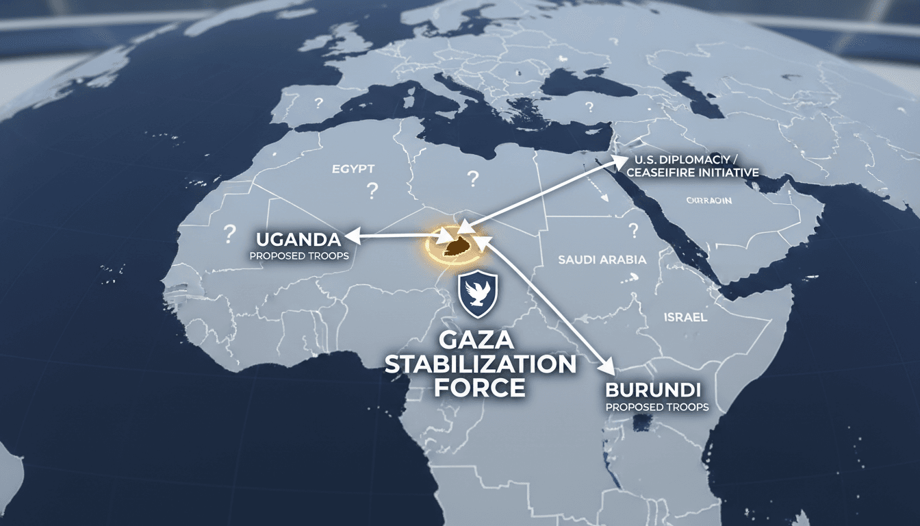 A map showing troop contributions from Uganda and Burundi to the Gaza stabilization force, emphasizing international military diplomacy.