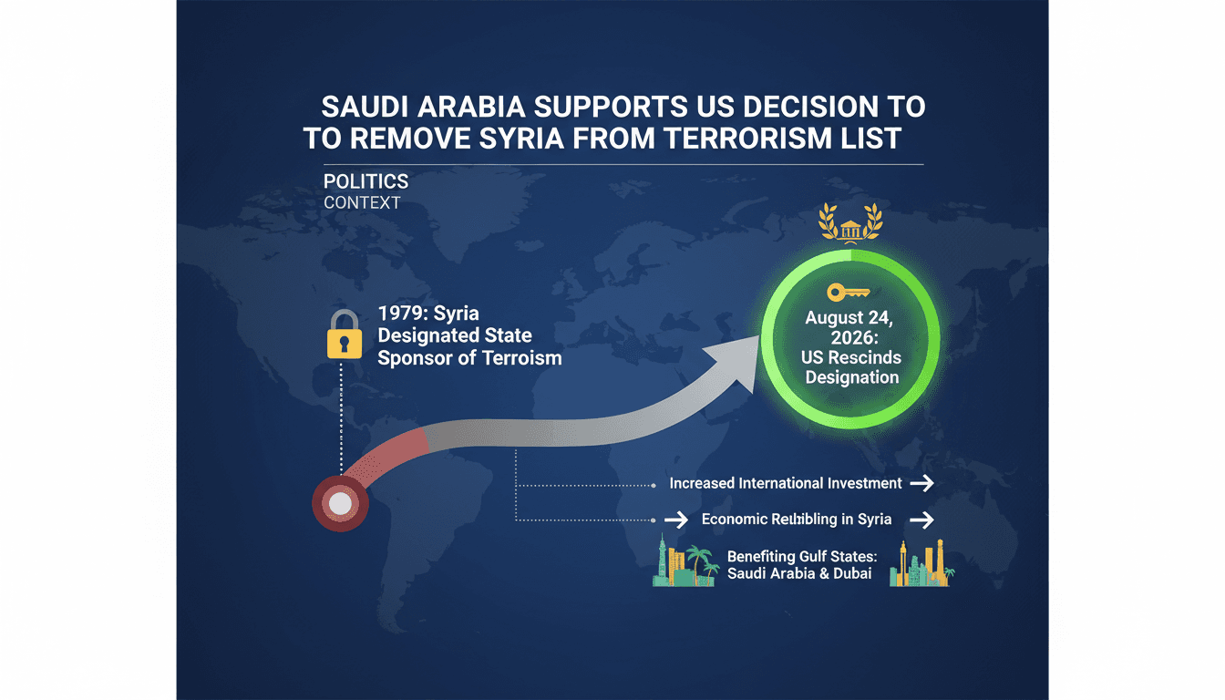 A graphic showing the timeline of Syria's State Sponsor of Terrorism designation and its recent removal by the U.S.