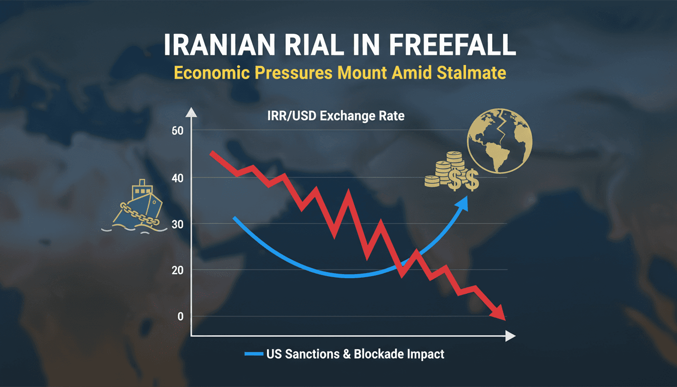 Infographic showing the Iranian rial's exchange rate against the USD, highlighting economic pressures and geopolitical tensions.