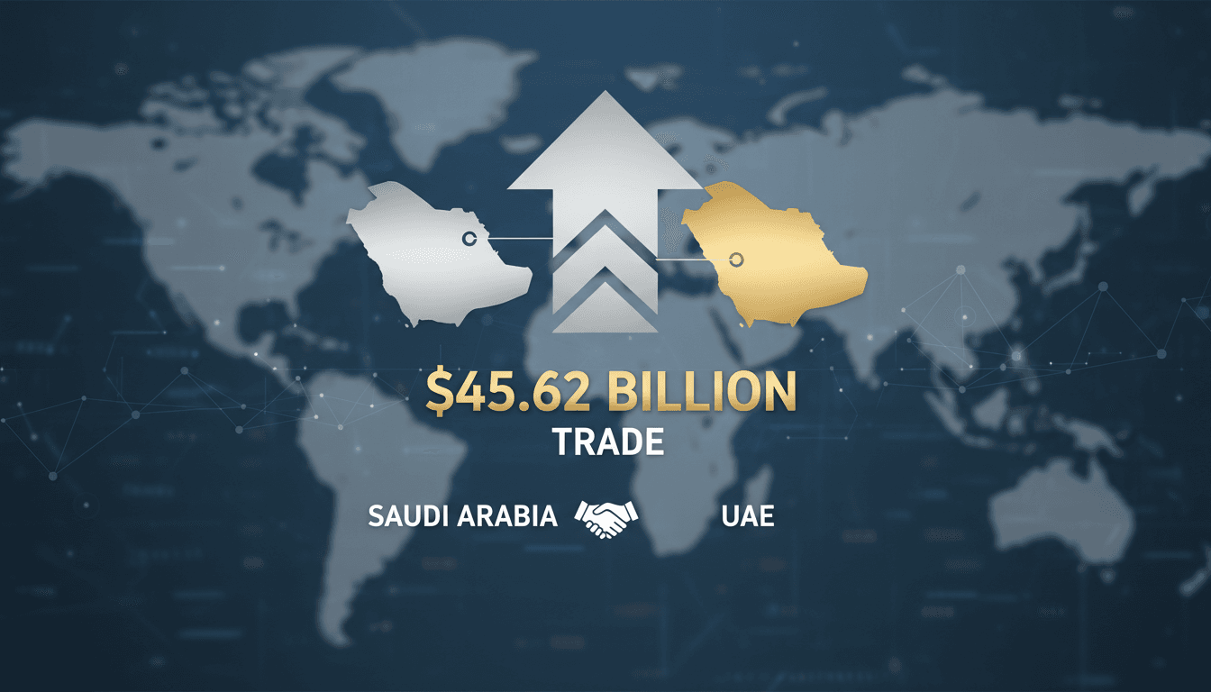 Infographic showing $45.62 billion trade volume between Saudi Arabia and UAE, highlighting their economic partnership.