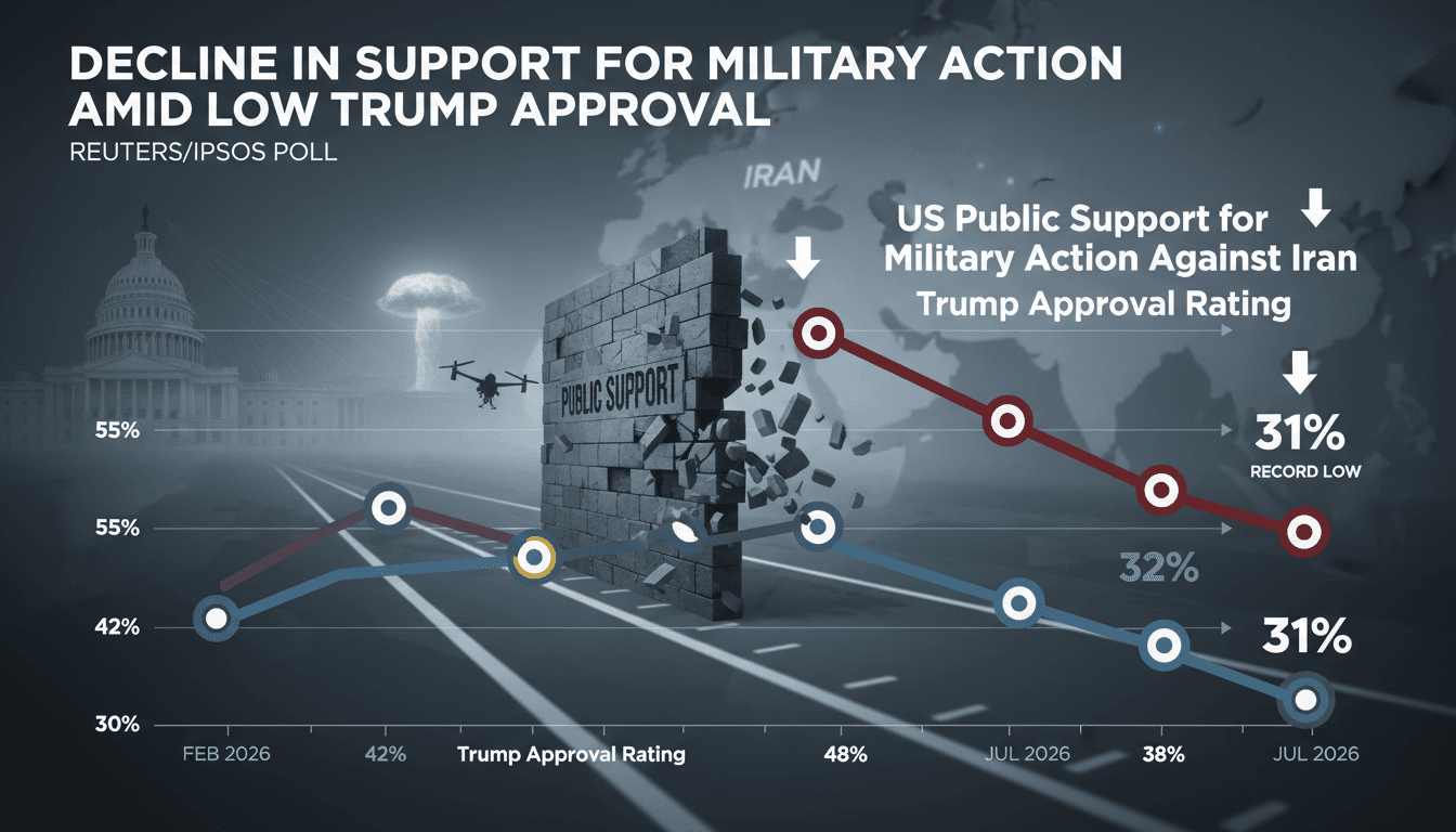 Infographic showing the decline in US support for military action against Iran and Trump's approval ratings.